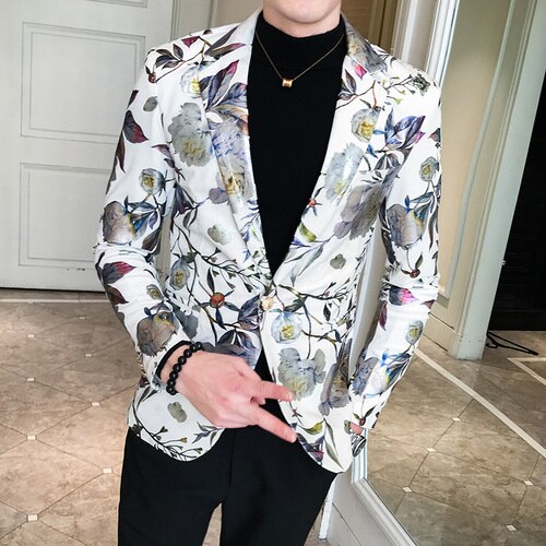 Menn blazer luksus blomster allover utskrift ball dress blazere single button party mann nattklubb slim fit bryllup dress jakke: Hvit / Asia  xl 61 to 67kg