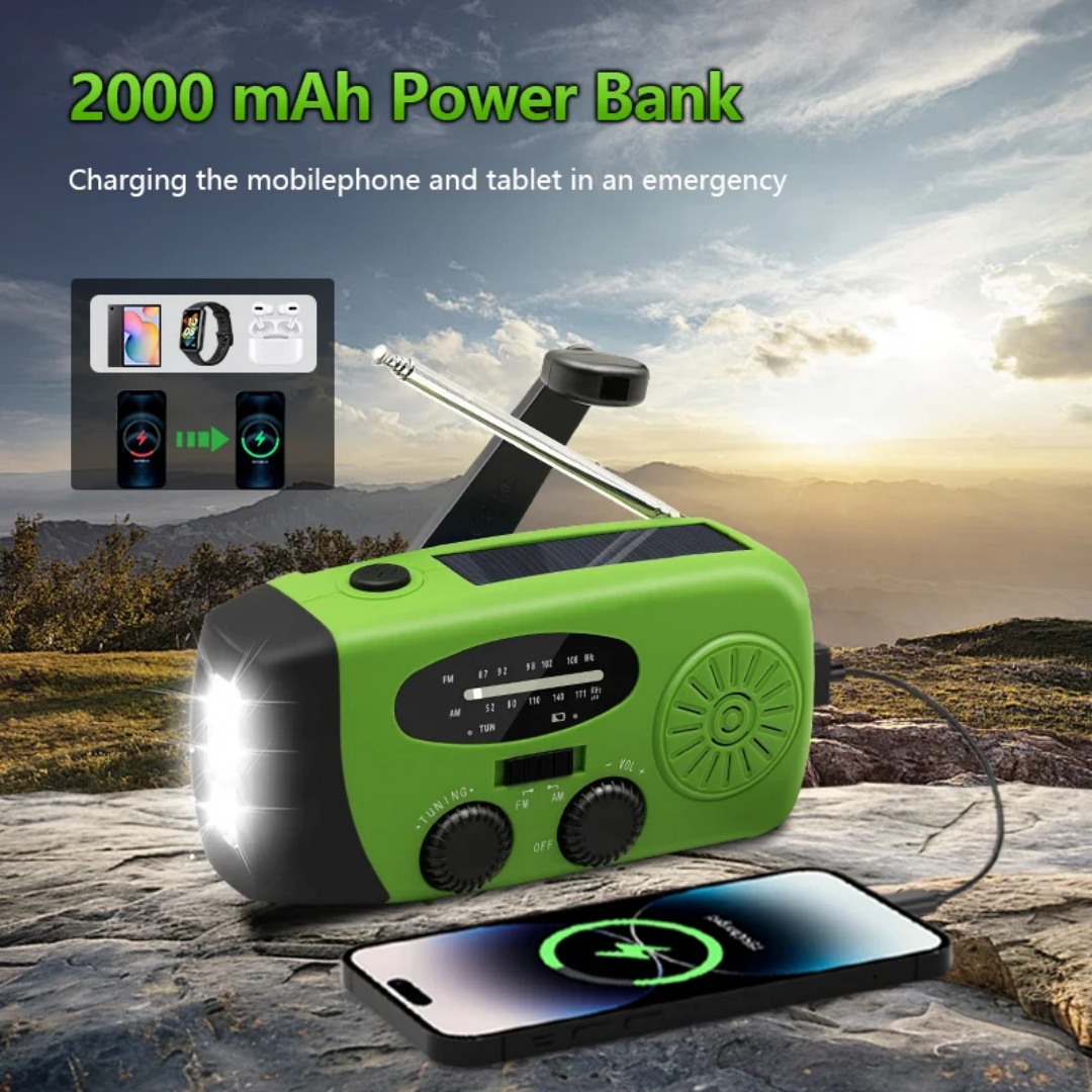 Solcelledrevet campinglampe med håndsving og am/fm-radio, udendørs 2000 mah usb-opladning, multifunktionel hånddynamo, led-lommelygte