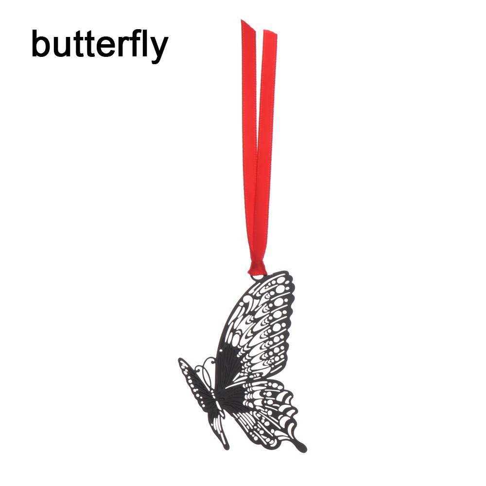 Beautiful Hollow Metal Bookmark With Red Strap Students Stationery Chinese Style Black Leaf Butterfly Feather Book Markers: butterfly
