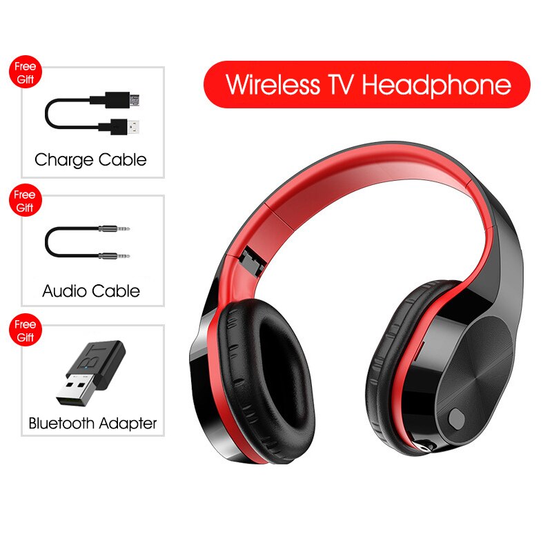 Wireless Headphones BT 5.0 HiFi Bluetooth Headset 9D Stereo Earphone With Transmitter Stick For TV Computer Phone: red with BT