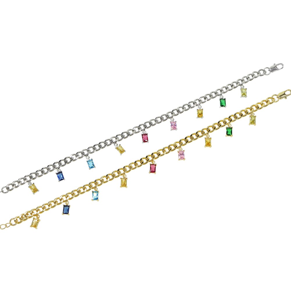Regenboog Kleurrijke Zirconia Baguette Cubaanse Link Chain Enkelband Voor Vrouwen Verstelbare Lengte 21 + 5Cm Trendy Geometrische Cz enkelband