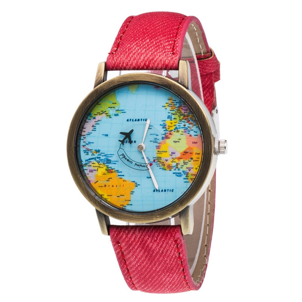 Reloj de cuarzo con correa de cuero de imitación para mujer, pulsera de hora con de mapa del mundo, esfera redonda, Retro Unisex