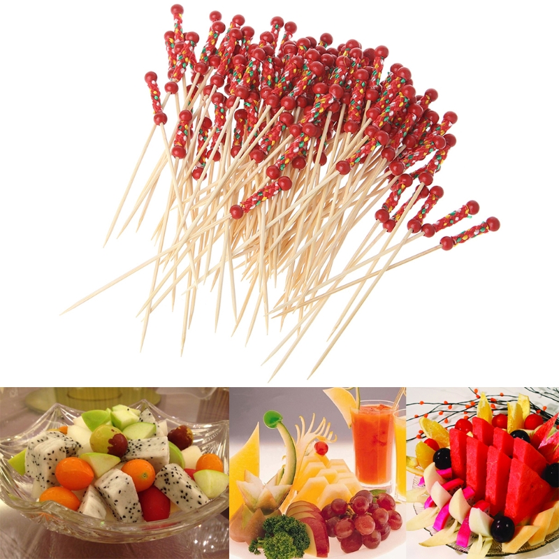 100 stks Kralen Bamboe Cocktail Picks Voedsel Sticks Wegwerp Tandenstokers Party Club Thuis Fruit Pick