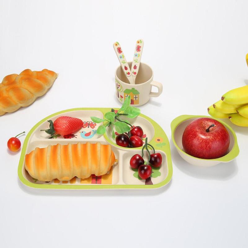 Juego de 5 unidades de platos y cucharas ecológicos de fibra de bambú para bebés, juegos de vajilla con 4 ranuras para niños, vajilla de platos para bebés y niños
