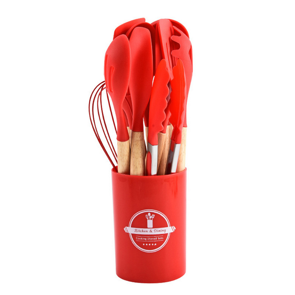 12 Stuks Siliconen Keukengerei Non-stick Kookgerei Keukengerei Set Spatel Schop Eikloppers Houten Handvat Koken Tool set: Rood
