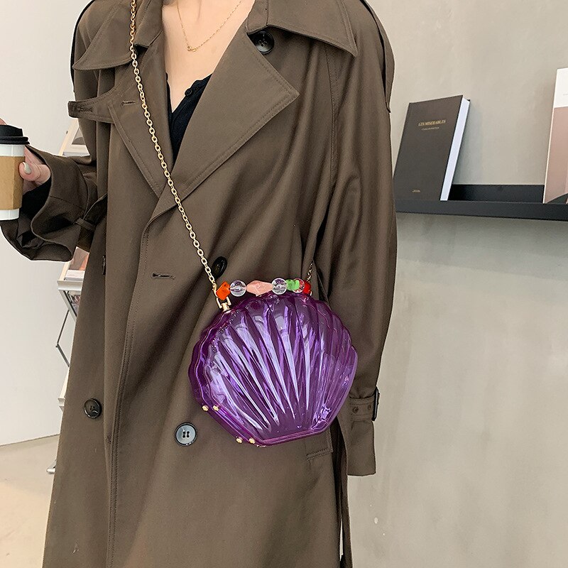 Bolso de mano de de plástico transparente con forma de concha para mujer, bandolera de boda, bolso de hombro con cadena