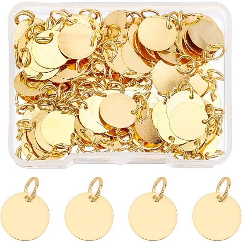 100 Stück Durcheinander-Stempel-Rohling-Schild-Reize, 12 mm, flach, rund, Metall-Stempel, Anhänger, goldene Rohlinge, Anhänger mit Biegering für Armbinde