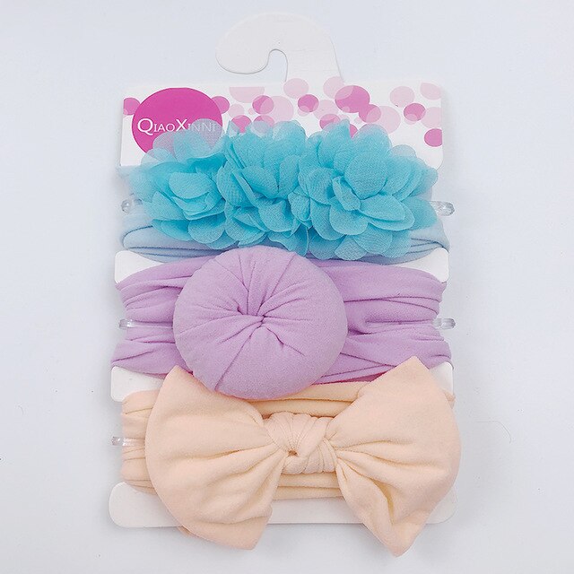 Ensemble de 3 bandeaux élastiques en mousseline de soie et nylon pour bébé,accessoires pour cheveux style turban avec nœud et fleur, couleur unie, pour fille, 3 pièces,: Color 7