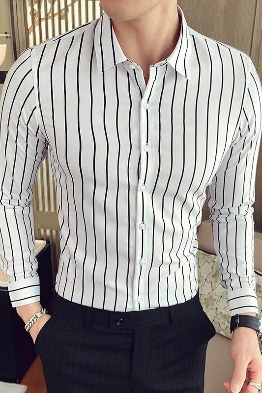 Mænd langærmede skjorter herre stribet klassisk pasform behagelig blød bomuld casual button-down skjorte