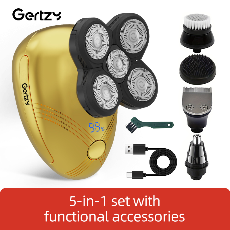 Rasoir électrique 5 en 1 pour hommes avec 5 lames rotatives, chargement USB, ensemble de beauté personnel multifonctionnel: Or