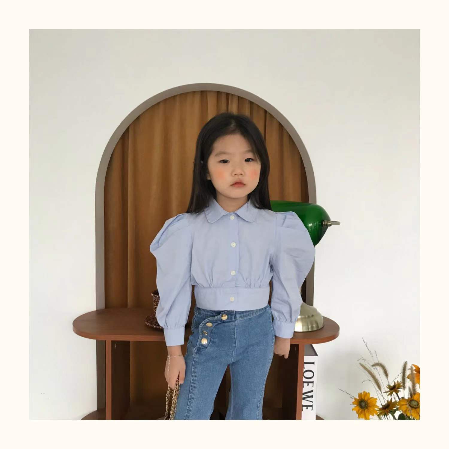Camicia per bambini primavera autunno camicetta camicia per bambini top per bambini abbigliamento per bambini Ins moda pieghettato manica a sbuffo camicie blu con volant 2-8Y Wz610