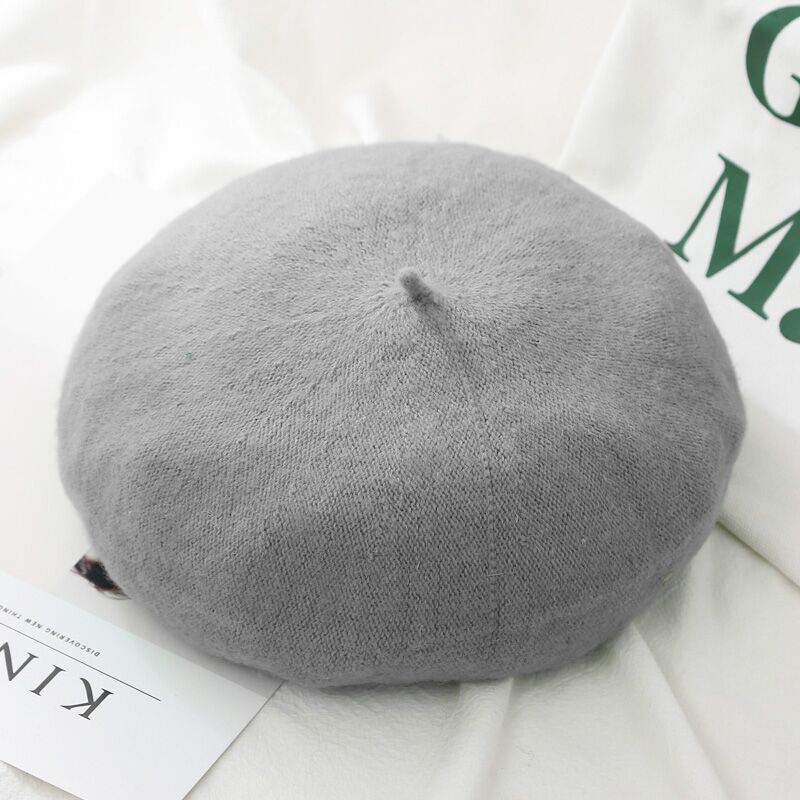 21 Kleuren Lady Herfst Winter Baret Hoed Schilder Hoed Vrouwen Wol Vintage Baretten Effen Kleur Caps Vrouwelijke Motorkap Warme Wandelschoenen cap: Light Grey