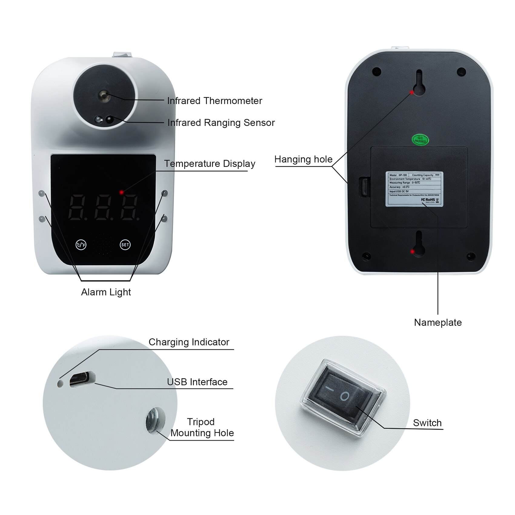 Non-Contact Digitale Infrarood Voorhoofd Thermometer Muur Gemonteerde Self-Service 0.5S Snelle Test Met Alarm Lcd display Voor Body