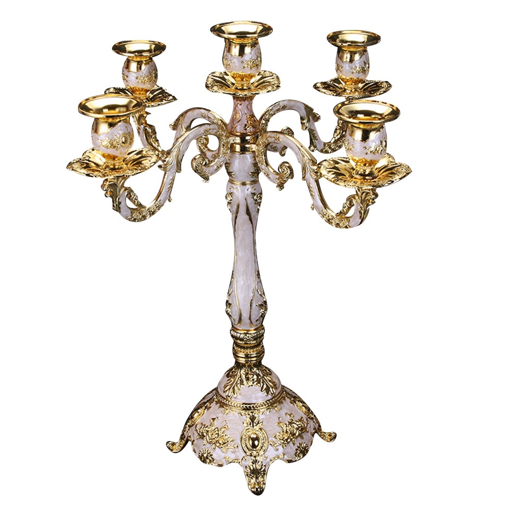 1PC Antique Retro Gold Candlesticks Tall Bronze Silver Christmas Candelabra Wedding Decorations European Metal Candle Holders: Golden White 5 head