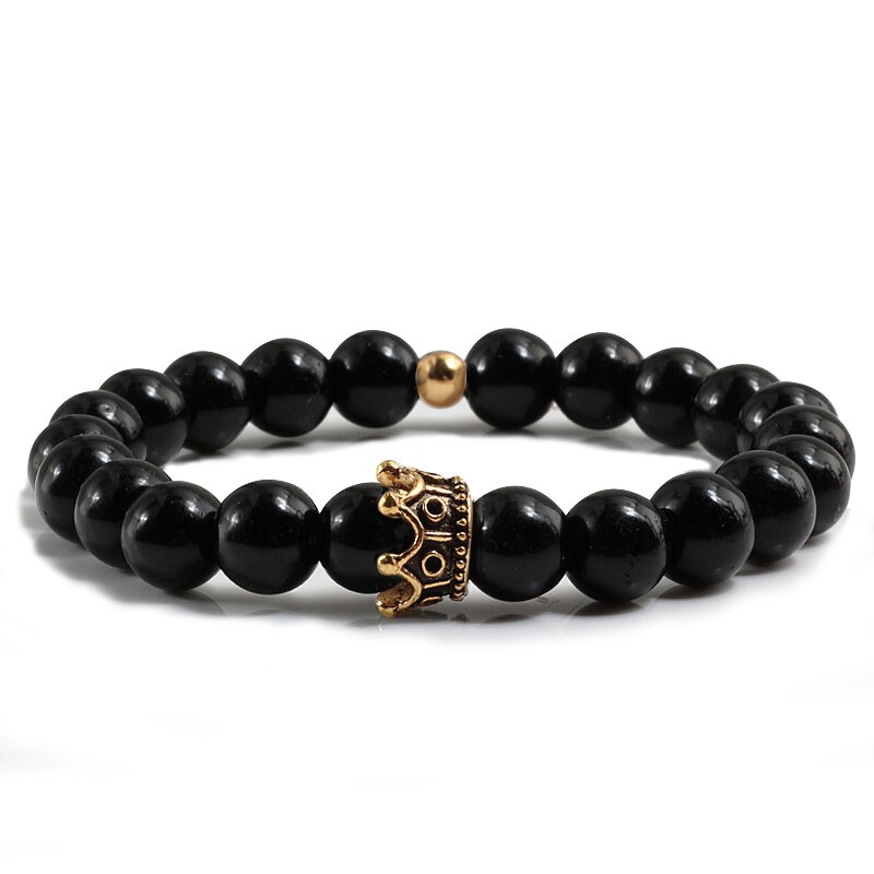 Heiße Neue Charme Krone Männer Armreifen Natürliche Stein Weiß Porzellan Perlen Armbänder Hand Zubehör Für Frauen Elastische Seil Hand Kette: Schwarz2