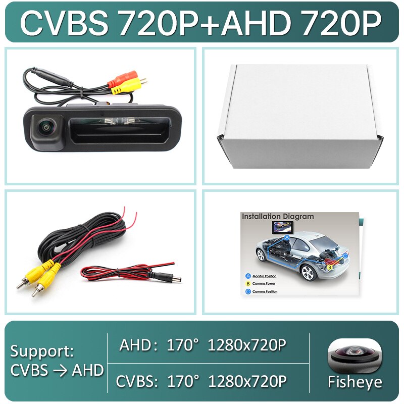HD AHD 1080P 170 Degree Fisheye Lens Car Rear View Reverse Backup Trunk Handle Camera For Ford Focus For Focus 3 2C 3C: CVBS720P-AHD720P