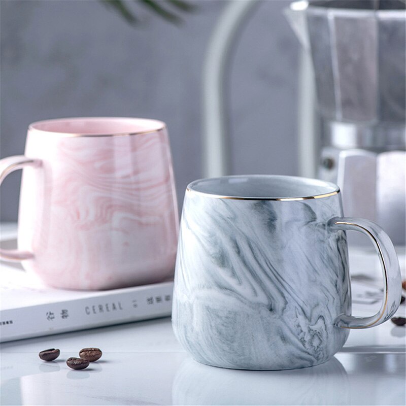 Luxury Marble Pattern Coffee Mug Gold Plated With Handle Ceramic Mugs Morning Milk Tea Cup Pink Gray Couple