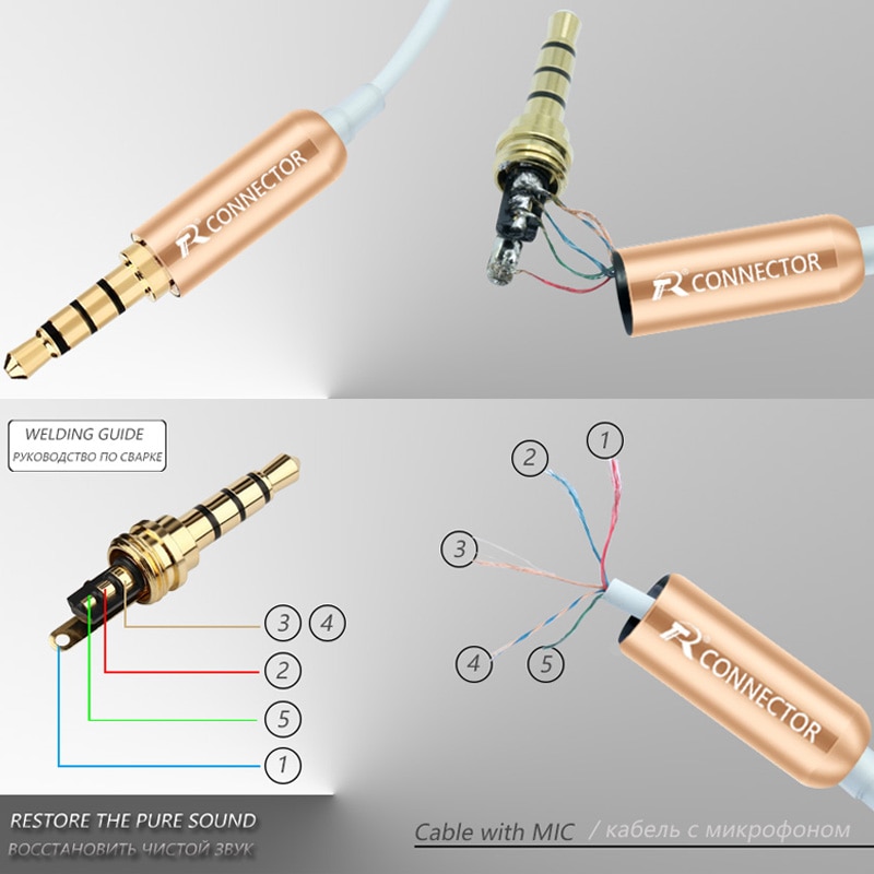 10pcs/lot Aluminum Tube 3.5mm 4 Poles Stereo Connector with Tails Gold Plated Male Plug Audio Jack 3.5mm R Connector