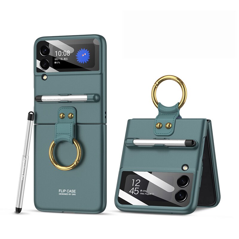 Custodia per Samsung Galaxy Z Flip 3 5G Cover per anello per dito con penna stilo custodia rigida per Slot per penna in plastica dura opaca: Dark Green