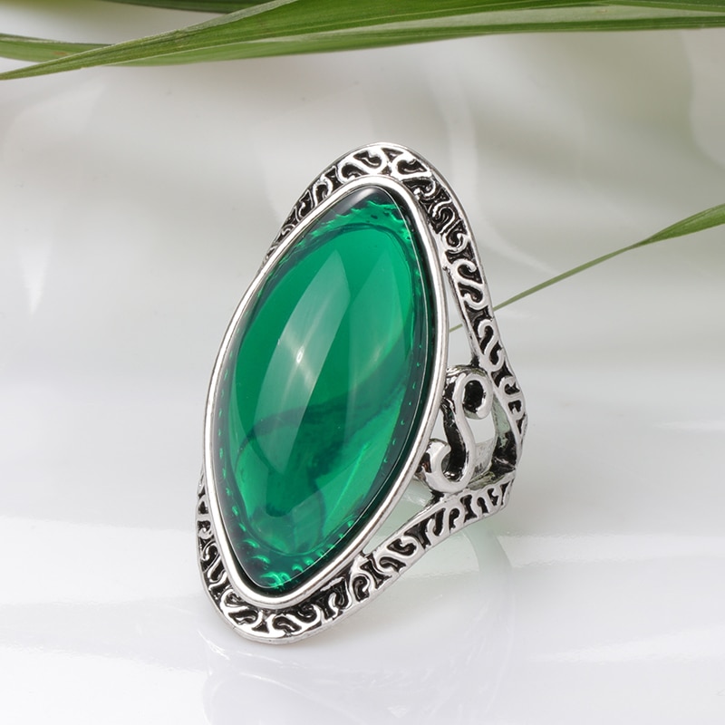 Kinel-Anillos ovalados grandes de plata tibetana para mujer, joyería Vintage, estilo bohemio, para vacaciones en la playa, color verde