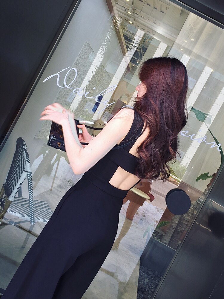 Vår sommar kvinnor svart jumpsuit hög midja öppen rygg baggy långa breda ben jumpsuits casual romper streetwear