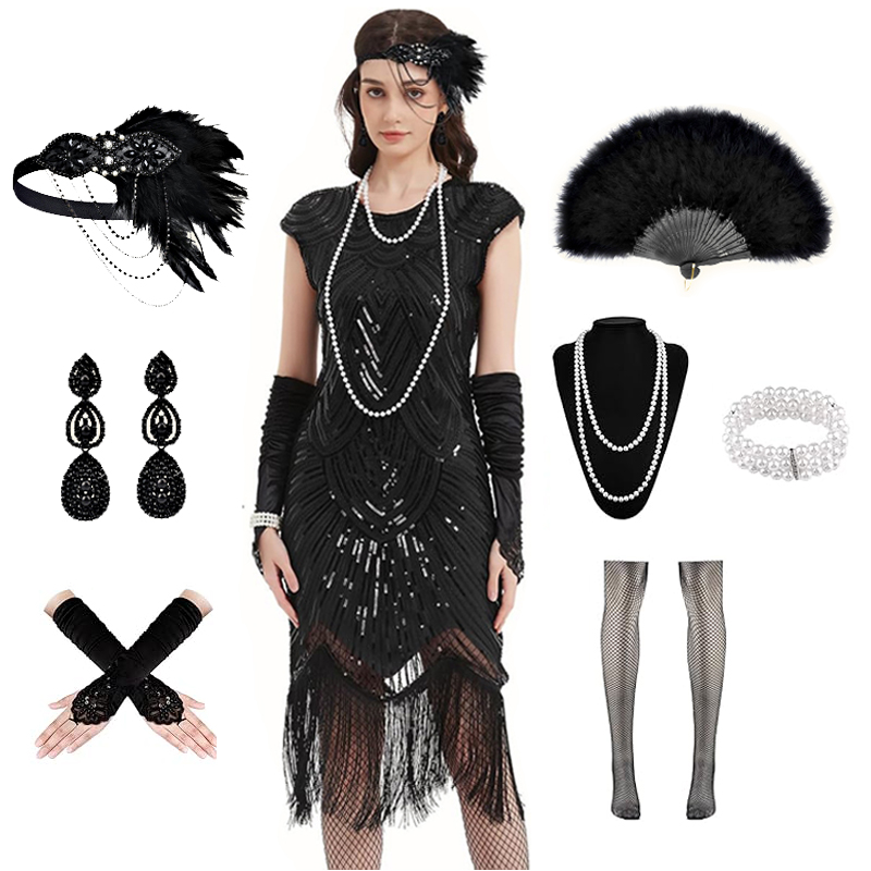 Flapper-Kleider für Damen, 1920er-Jahre, Pailletten, Fransen, Perlen, Cocktailkleid mit Rundhalsausschnitt, Roaring 20er-Jahre-Accessoires, Vintage-Spitzenkleid