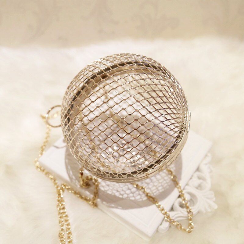 Gold Metal Clutch Bag Luxury Handbags Women Bags Round Mini Hollow Ladies Hand Bag Chain Crossbody Sac Purse