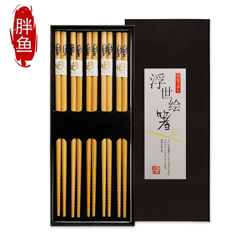 5 pairs/Set Reusable Lucky Cat Natural Bamboo Ecological Chopsticks Handmade Wood Wooden Chopstick Set Chopsticks Boxs: C 1set