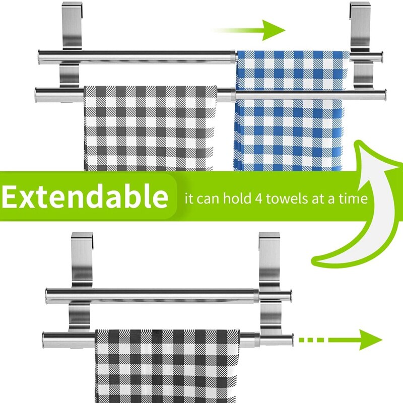 Kjøkken over skap dobbel håndklestativ, utvidbar håndkleholder for universell passform på innsiden eller utsiden