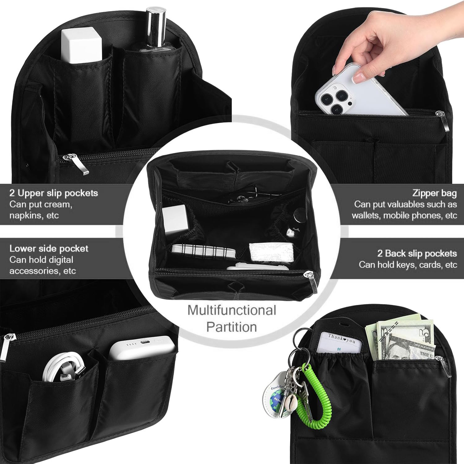 Organizador de mochila con forro insertado, bolsa de viaje colgante en bolsa con muchos bolsillos