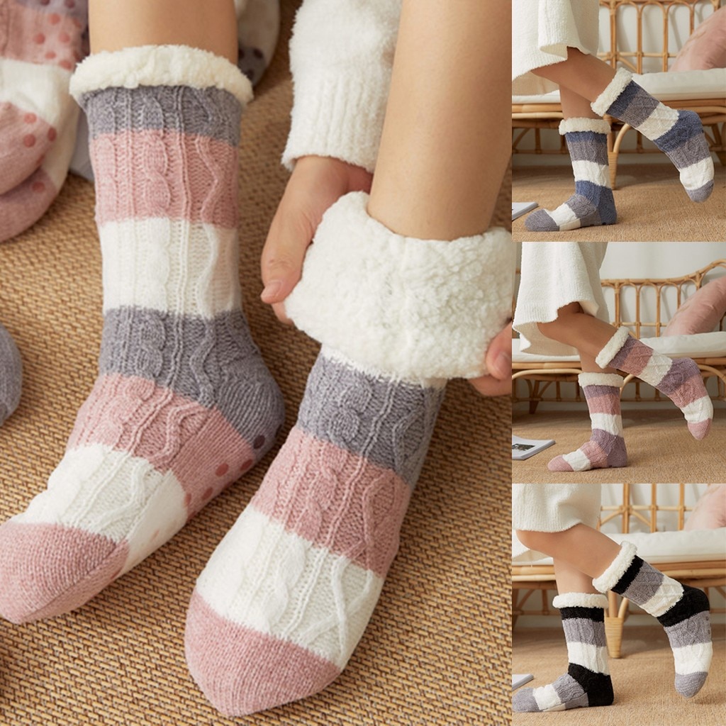 Women Girls Socks Print Stripe Casual Non Slip Warm Winter Mid Tube Cute Socks Warm Cold Knit Wool Floor Socks