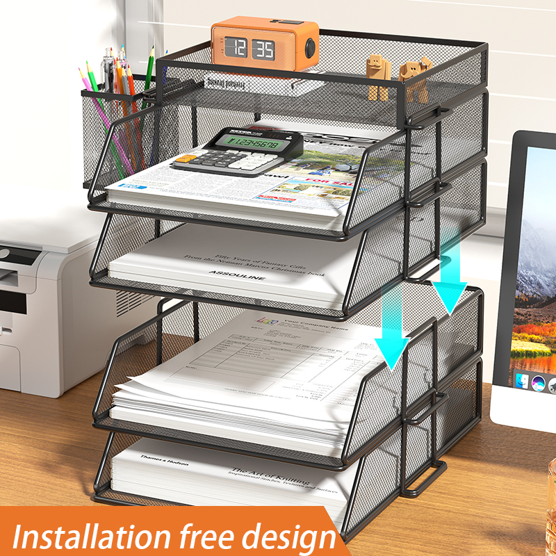 4 Tier Desk Organizer - Stackable Paper Tray, Paper File Organizer for Desk, 5 Trays Mesh Stackable Paper Tray Desktop Document