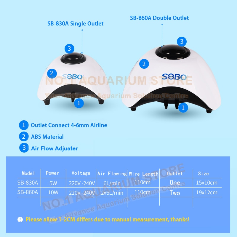 SOBO Silent Aquarium Air Pump Oxygen Pond Aerator Water Fish Tank SB-830A SB-860A 5W/10W Authorized Dealer
