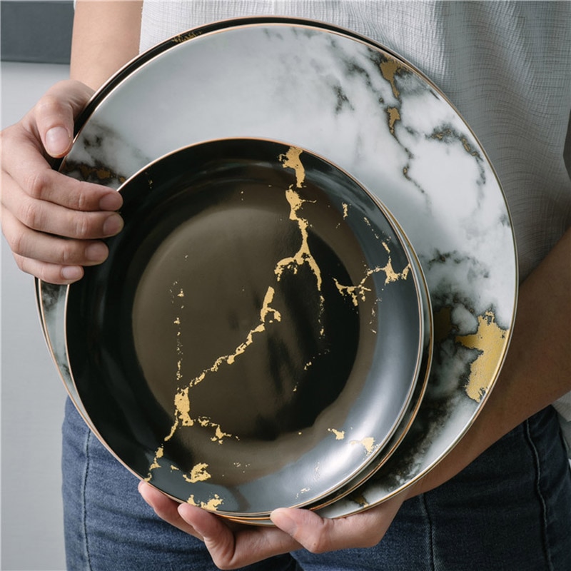 Guld marmor fad keramisk bakke middag tallerken nordisk kort rund bøf pasta tallerken luksus bordservice rund fad mad jul