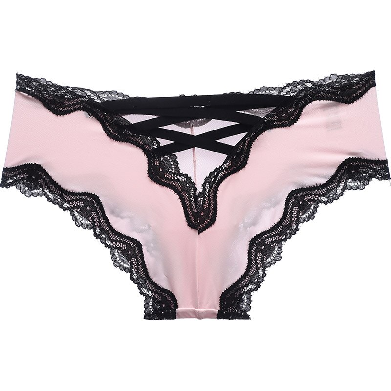 dos bande Satin Sexy dentelle culottes femmes solide sous-vêtements sans couture Lingerie mignonne slips tongs String: Rose / M