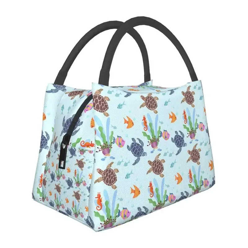 Funny Sea Turtles Insulated Lunch Bag for School Office Watercolor Sea Animal Waterproof Thermal Cooler Bento Box Women: black