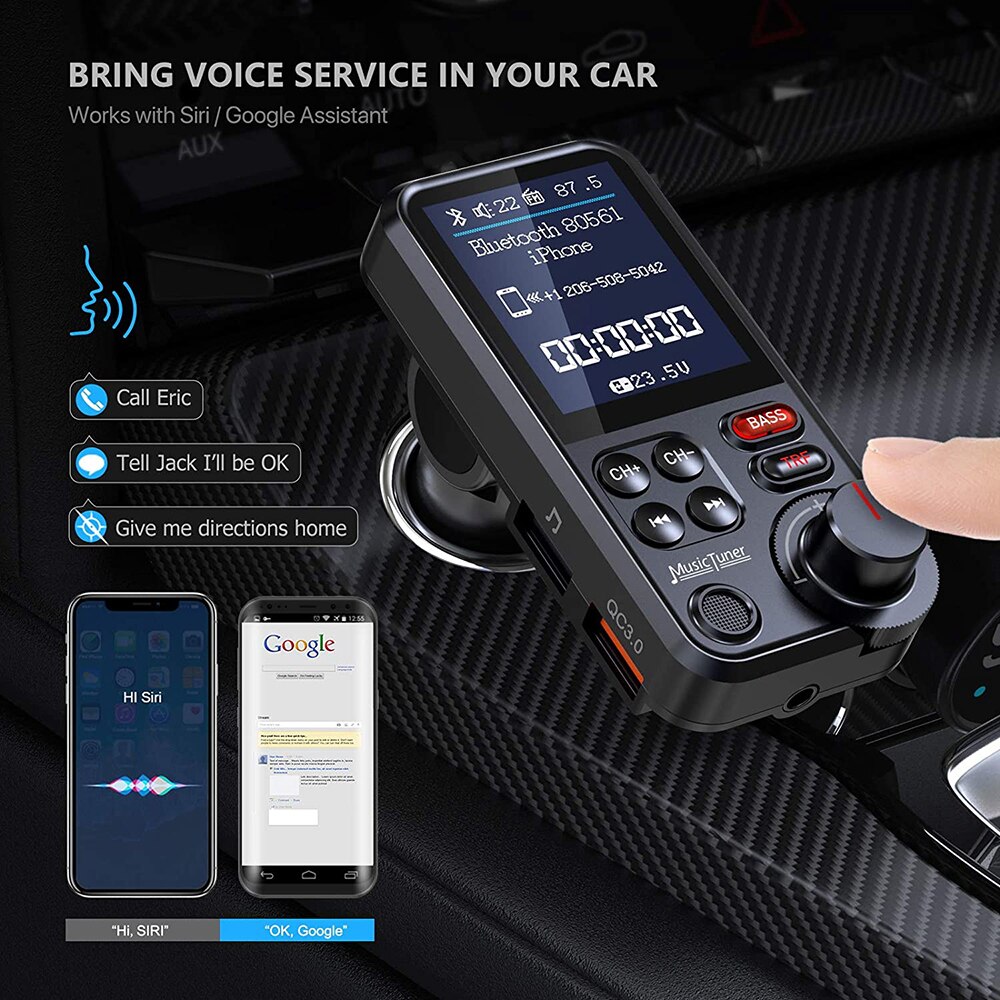 Reproductor MP3 BT93 de 1,8 pulgadas para coche, transmisor FM Aux QC3.0, carga inalámbrica, compatible con Bluetooth, sonido de graves agudos, reproductor de música