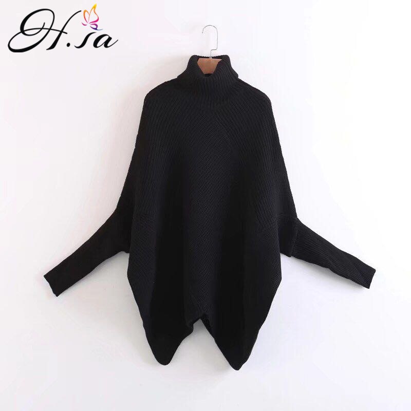 H.SA Women Autumn WinterTurtleneck Sweaters Batwing Sleeve Oversized Sweater Poncho Pullover and Sweater Jumpers Irregular Pull: HF7249 Black