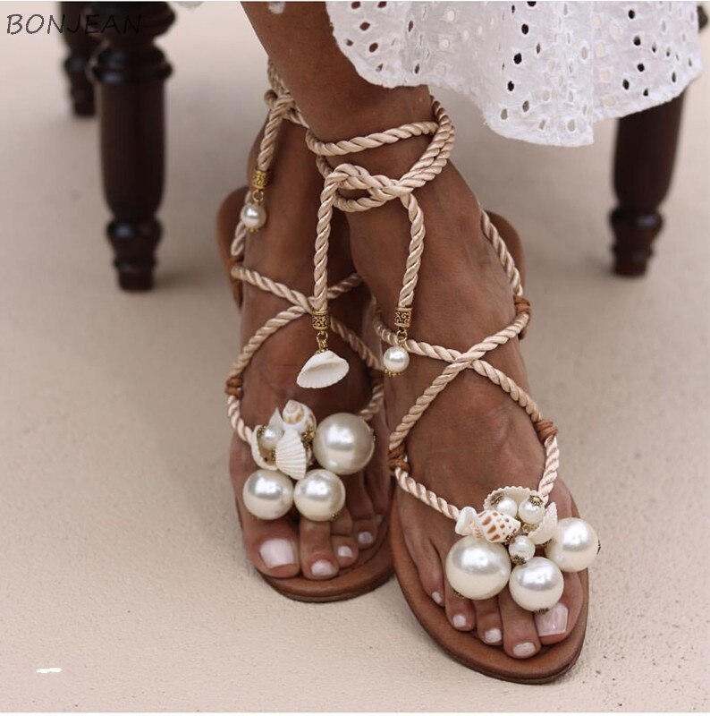 Women cross lace up sandals with pearl flip flop women Pearl flat Sandals Beach Party Dress shoes summer Roman Flat