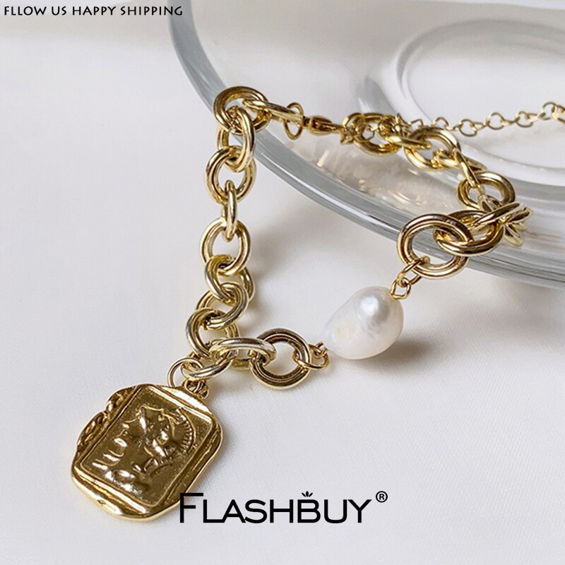 Flashbuy Simple Metal Bangle Bracelet For Women Portrait Gold Coin Pearl Bracelet Jewelry Bijoux Femma