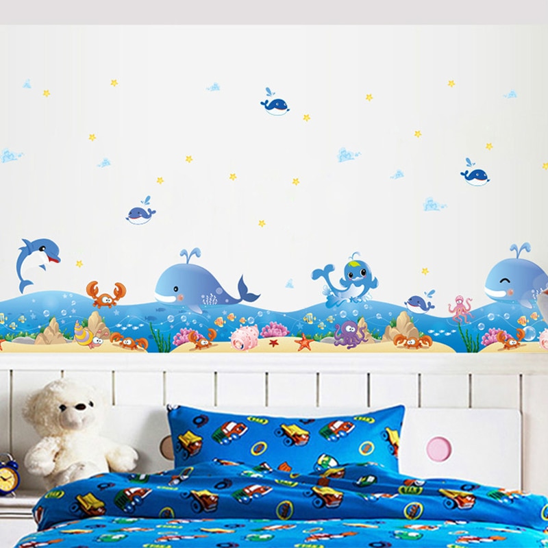 DIY Cartoon Blue Ocean Dolphin Marine Border Stickers Room Baseboard Kids Bedroom Waterproof Bathroom Tub Decoration Decals