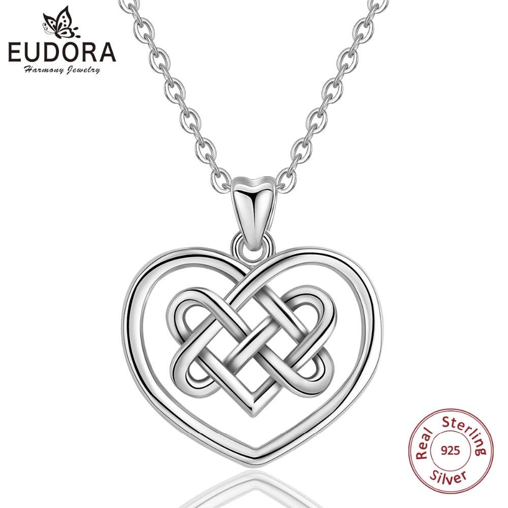 EUDORA 925 Sterling Silver Good Luck Irish Celtics love Knot Pendant Necklace Heart Charms For Women Girl Fine Jewelry D306