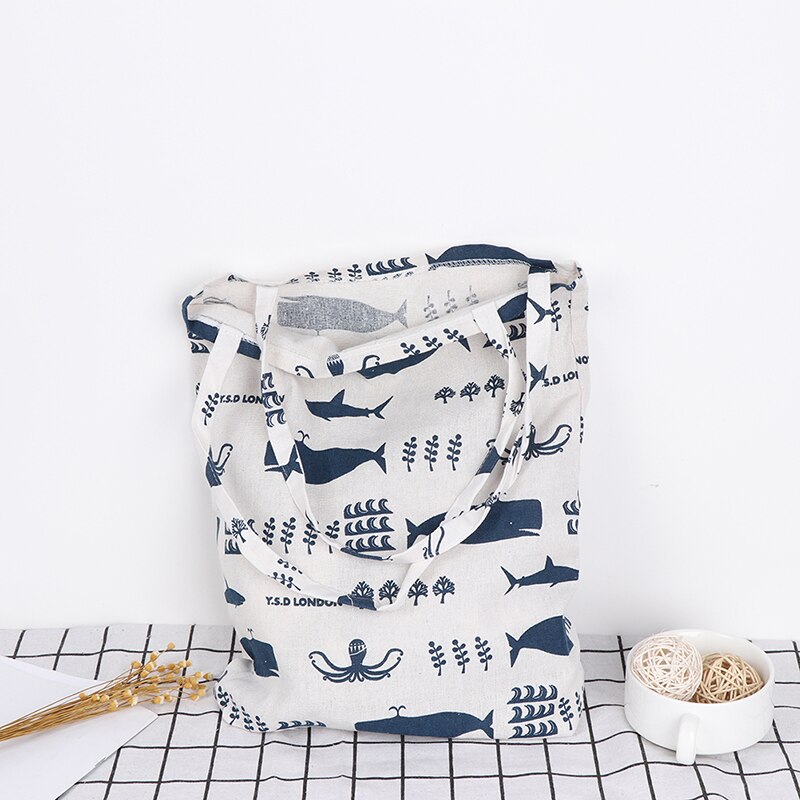 Durable 1 couche pas de doublure coton lin Shopping fourre-tout 1PC sac à bandoulière de transport imprimer baleine poulpe mer vie sacs à provisions