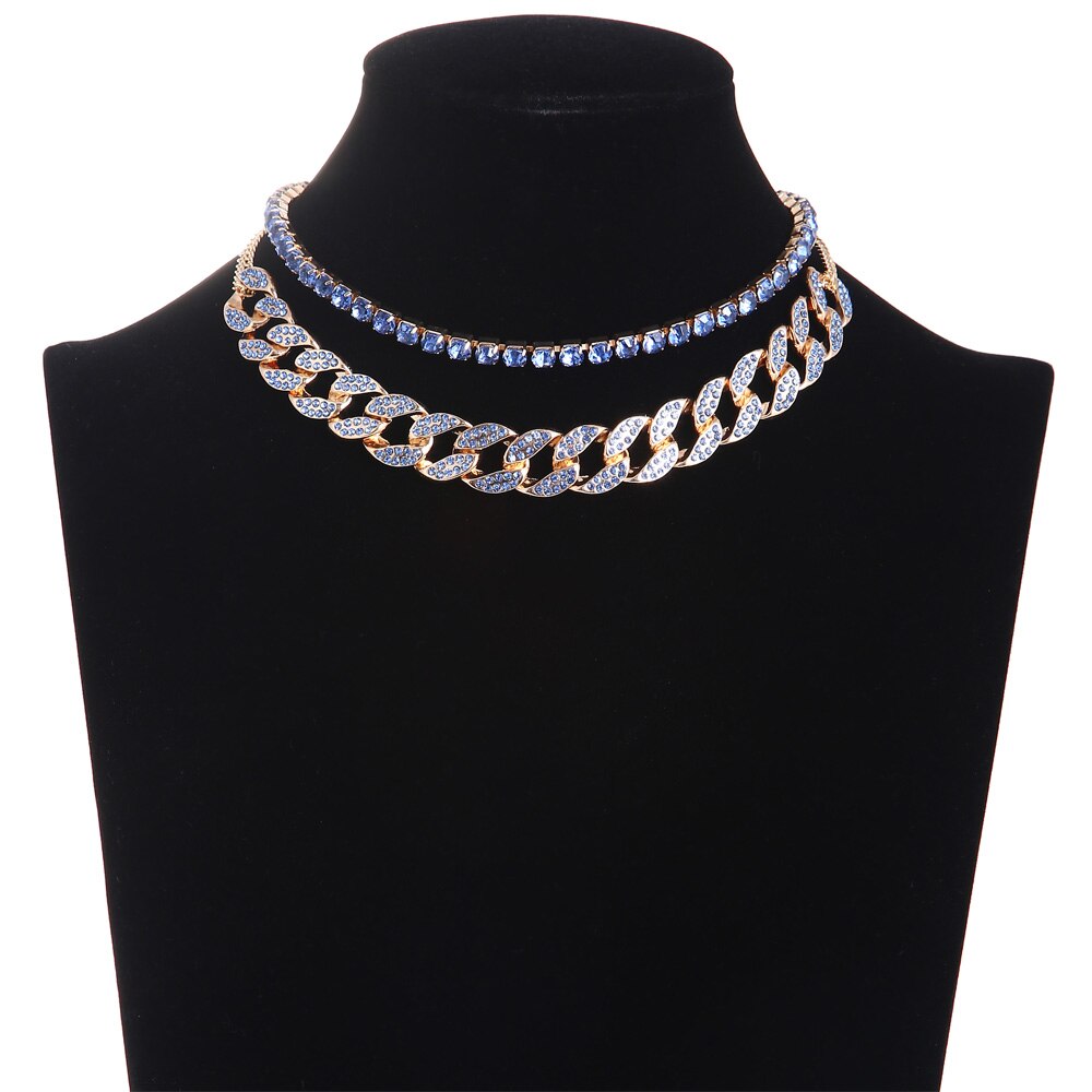 Cubansk link kæde iset ud rhinestone choker kvinder lagdelt halskæde sæt luksus chocker halskæder smykker tilbehør: Blå farve