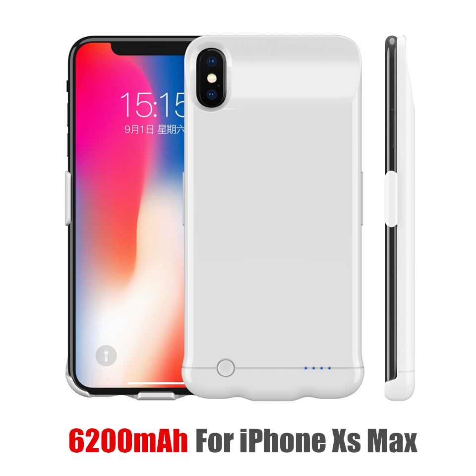 Amstar, fundas de cargador de batería de 5200mAh para iPhone X XR XS, funda de carga PowerBank, fundas traseras de 6200mAh para iPhone XS Max: HK18 White XS Max