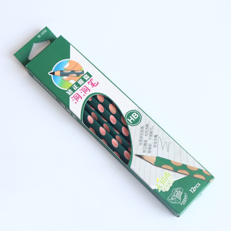 12 Triangle HB Wooden Pencil With Hole Children Pencil School Office Supplies Stationery Correction Tool: Green