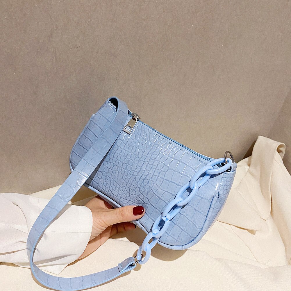 Sac à main Baguette motif Crocodile pour femmes, sac à épaule couleur bonbon avec chaîne, petits sacs sous les bras en cuir à la ,: Bleu