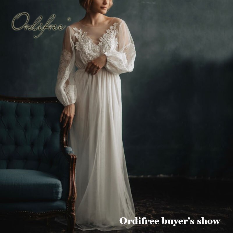 Ordifree sommer kvinner lang tyll kjole langermet broderi bryllup kall sexy hvit blondere maxi tunika strandkjole