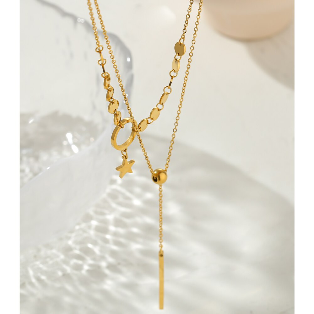 Yhpup Stylish Layered Cylinder Pendant Chain Necklace Charm Gold Metal Choker Stainless Steel Necklace collane donna statement