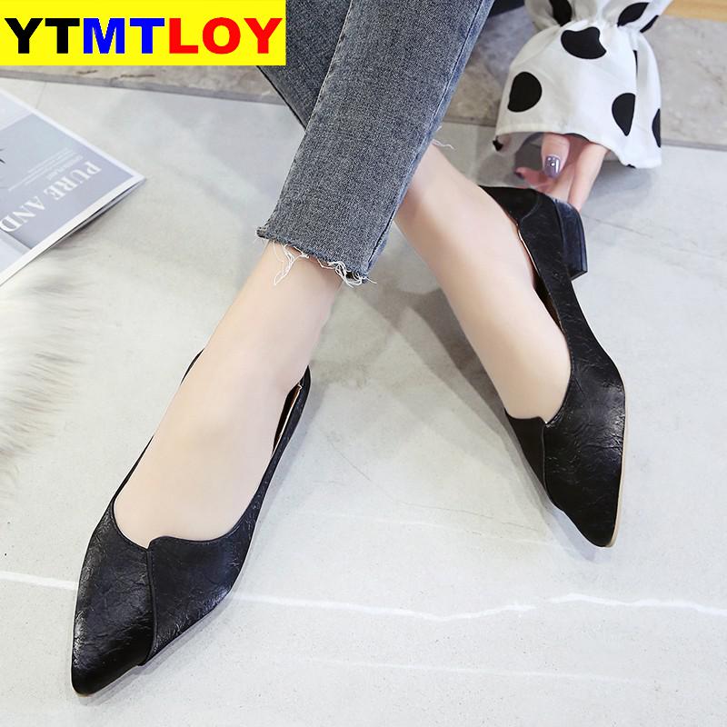 Square Heels Pointed Toe Pumps Shoes Women Spring Leather Med Heels V Mouth Casual Office Lady Shoes Low Summer Leisure